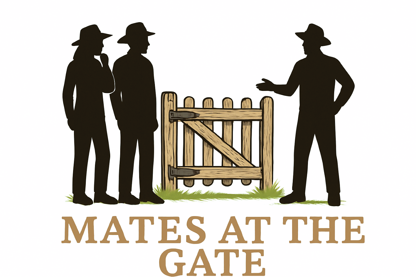 Mates at the Gate — silhouettes of rural mates gathered around a wooden gate